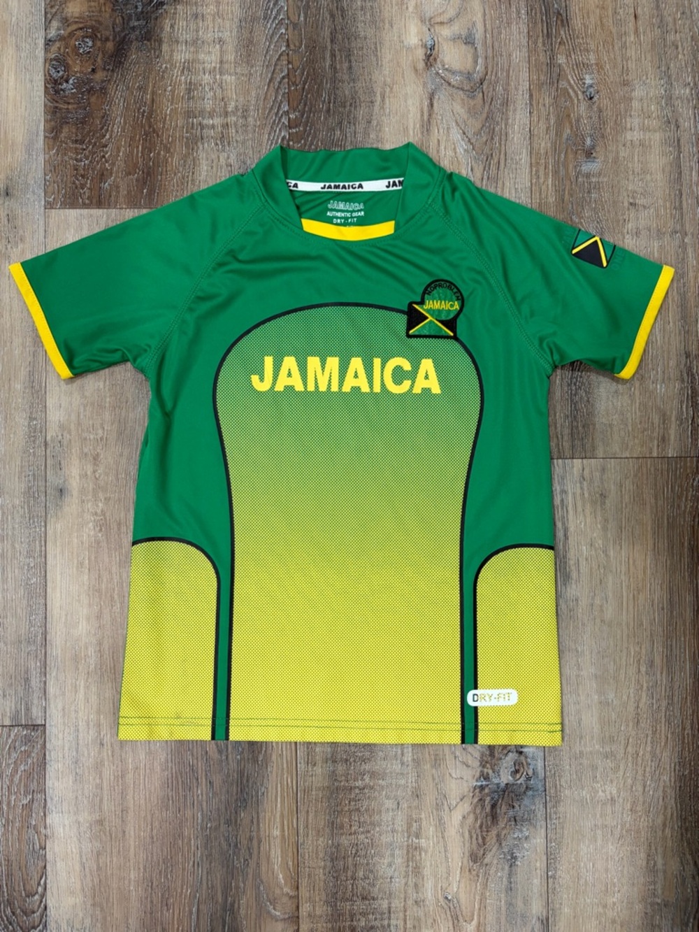 Jamaica Green & Yellow Kids Performance Tee, Boys Size 6/8